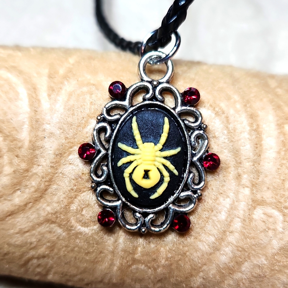 NEW! Black widow spider cameo with Swarovski crystals on leather Halloween Goth